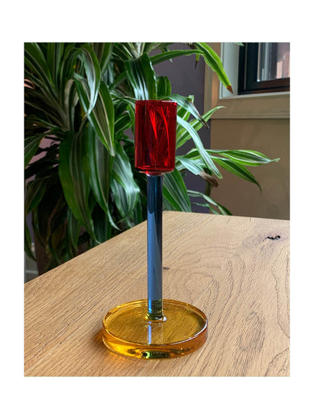 Tall Glass Candlestick in Blue, Red, and Yellow