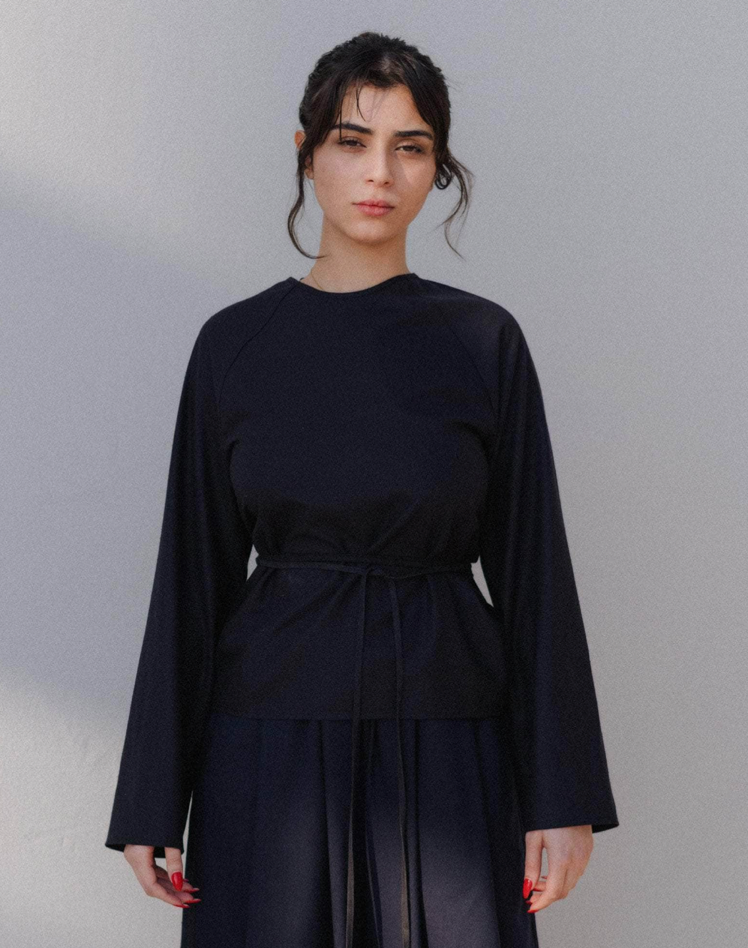 Long Sleeve Apron Top in Black