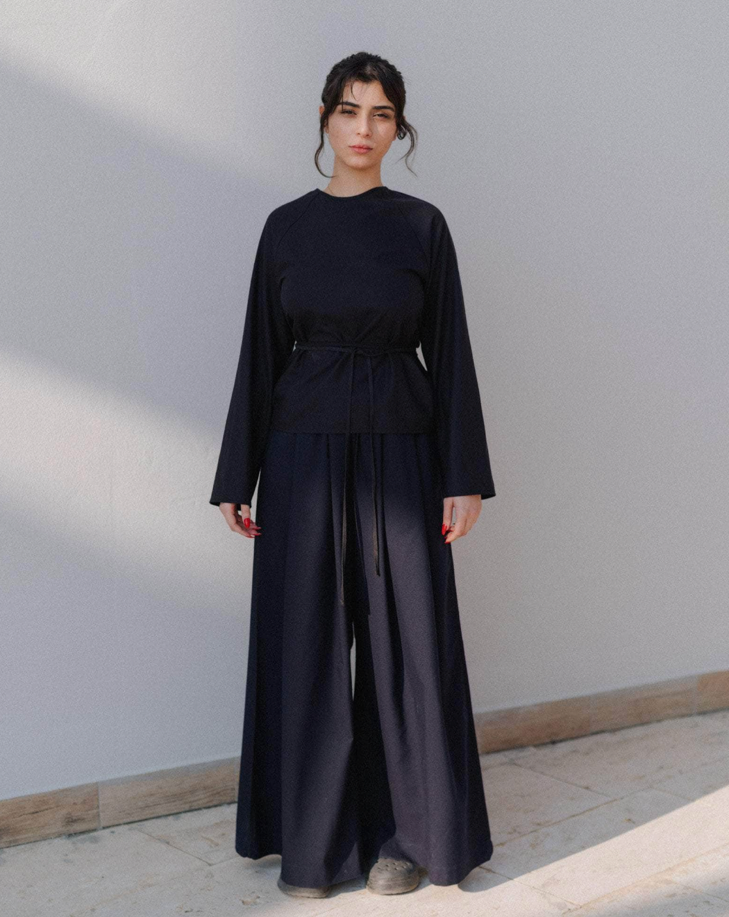 Long Sleeve Apron Top in Black